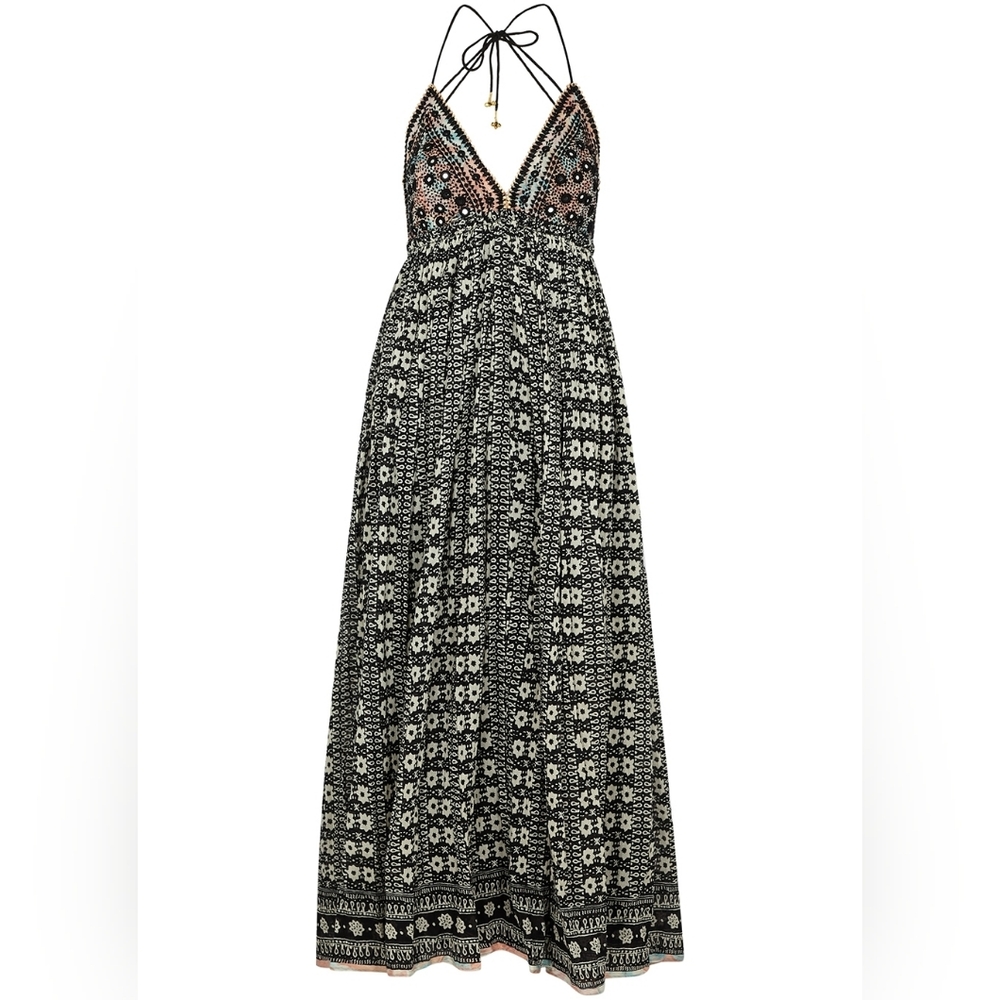 Free People Good Vibes Embroidered Cotton Long Maxi DRESS One Size - Picture 4 of 14